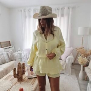Combishort femme en coton jaune bohème