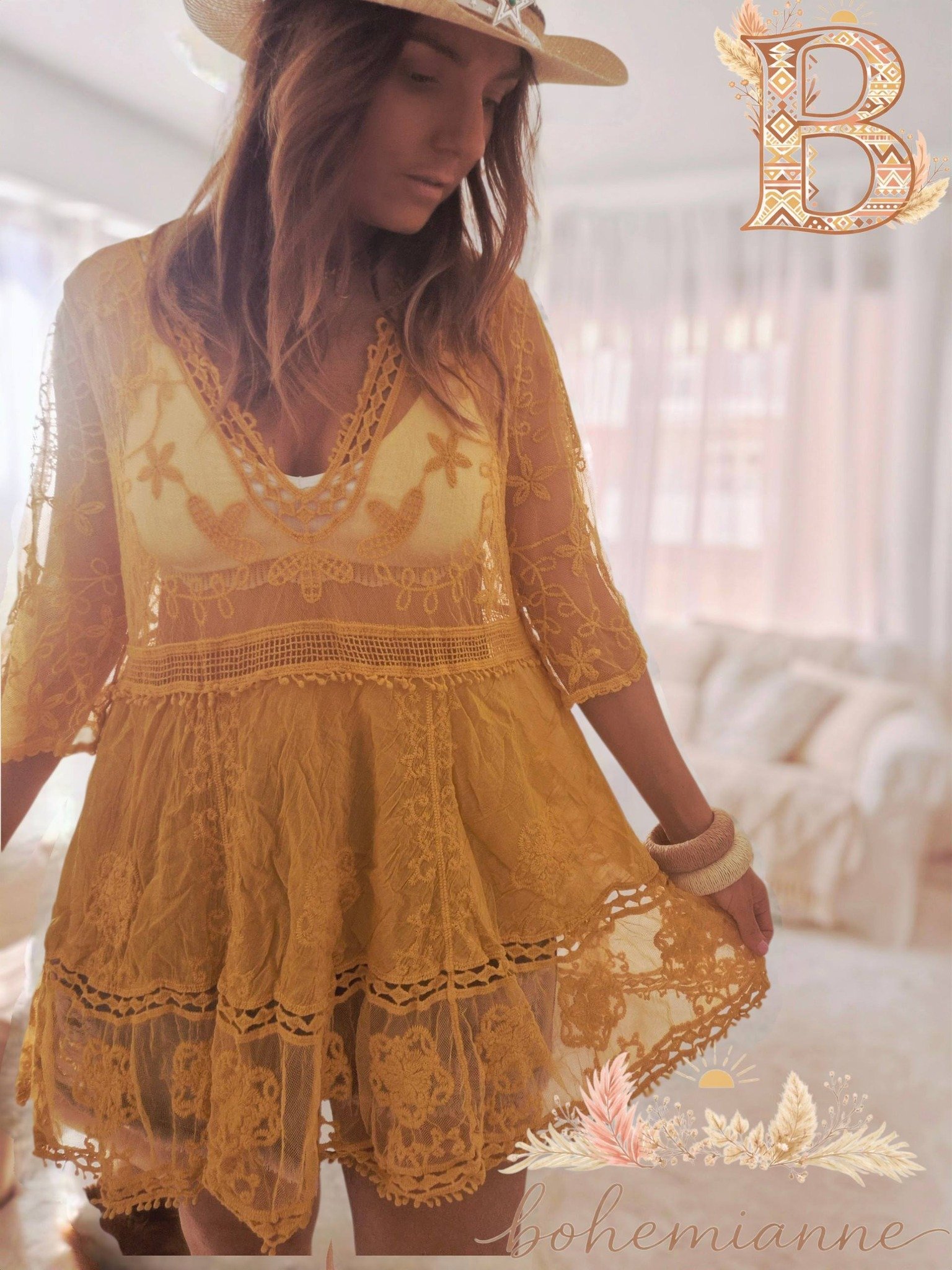 robe bohème femme dentelle jaune fluide style romantique chic