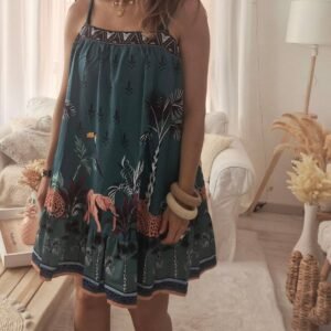 Robe bohème femme verte motifs floraux look tropical