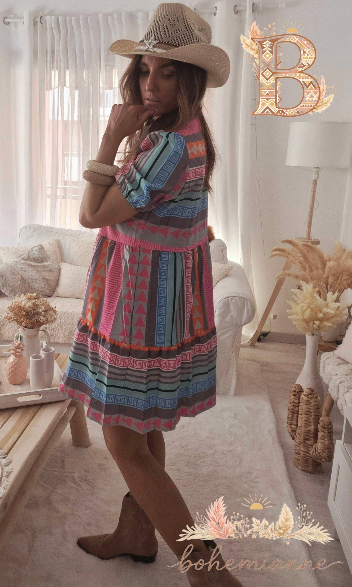 Robe chemise bohème femme évasée multicolores manches courtes