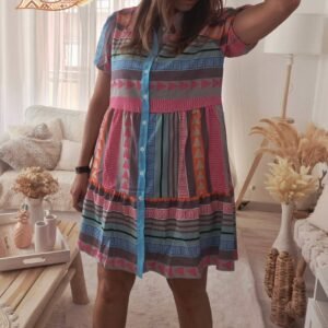Robe chemise bohème femme évasée multicolores manches courtes