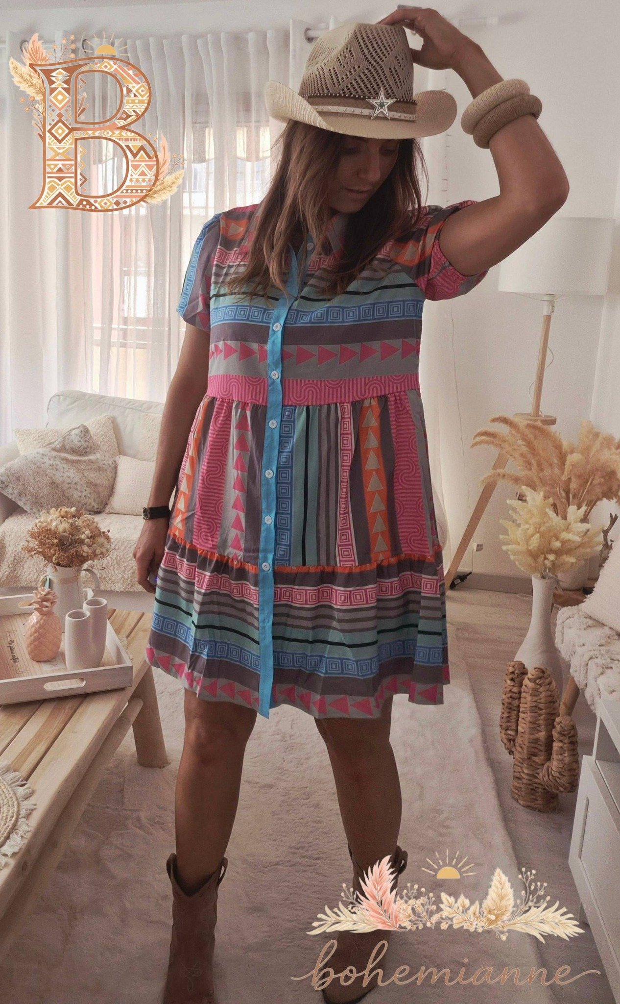 Robe chemise bohème femme évasée multicolores manches courtes