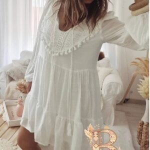 Robe femme évasée fluide style bohème blanche à pompons manches longues