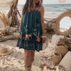 Robe verte évasée fleuris bohème femme