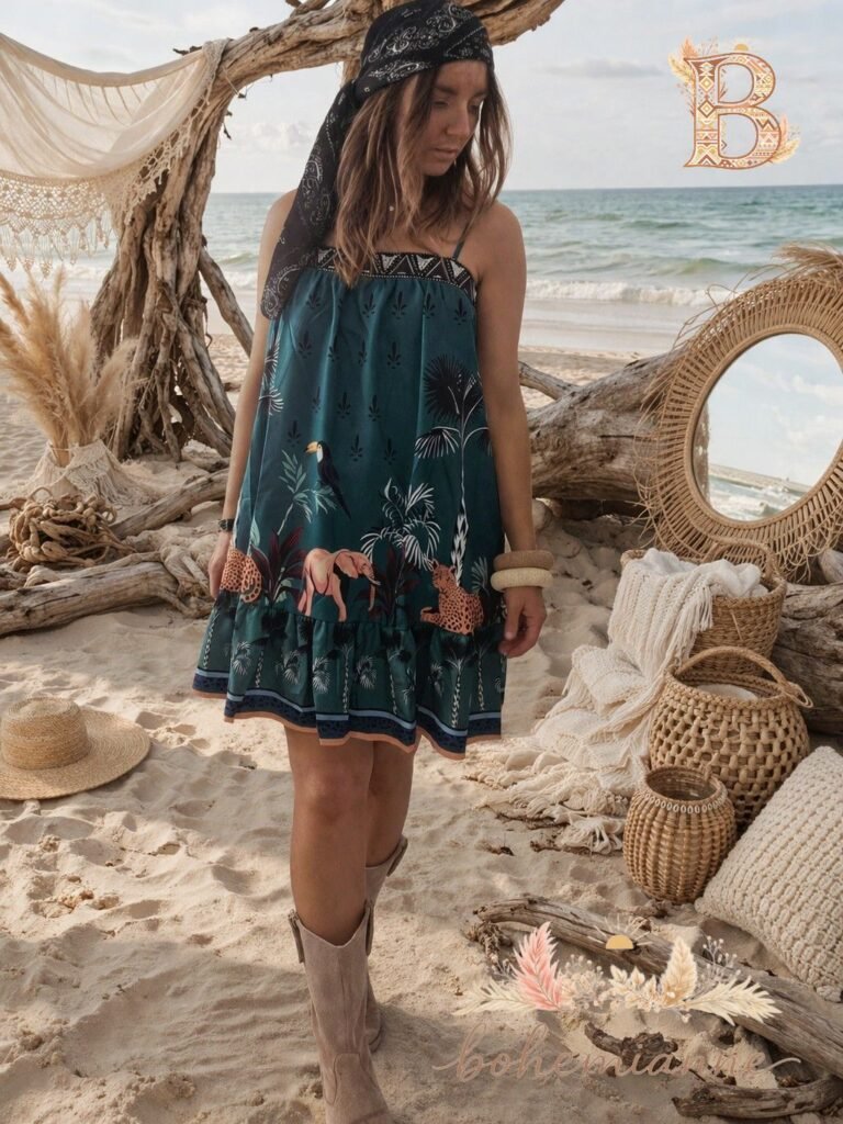 Robe verte évasée fleuris bohème femme