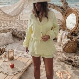 Combishort jaune femme en coton look bohème