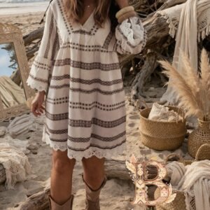 Robe coton blanche et marron bohème dentelle femme