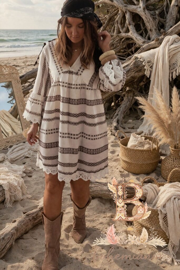 Robe coton blanche et marron bohème dentelle femme