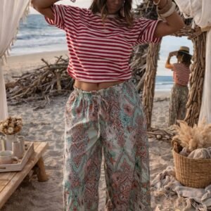 Pantalon bohème fluide femme imprimé effet soie coupe large été chic style plage