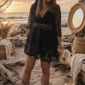 Robe noire dentelle bohème plage femme