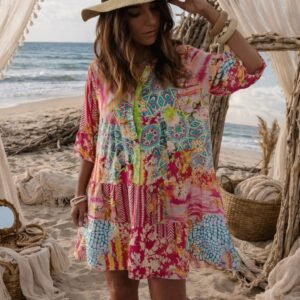 Robe bohème multicolore femme qualité italienne coupe fluide style été chic plage