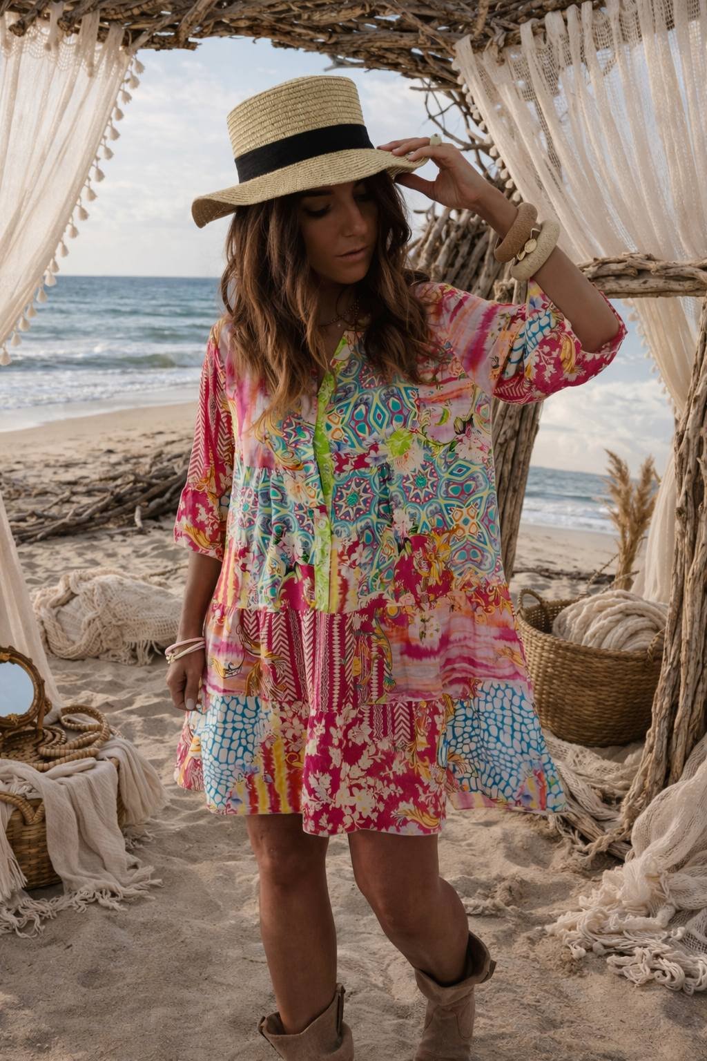 Robe bohème multicolore femme qualité italienne coupe fluide style été chic plage