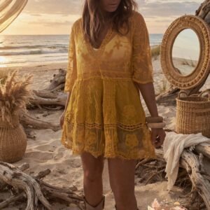 Robe dentelle jaune bohème femme évasées fluide plage