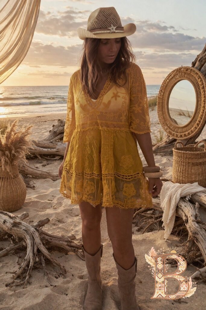 Robe dentelle jaune bohème femme évasées fluide plage