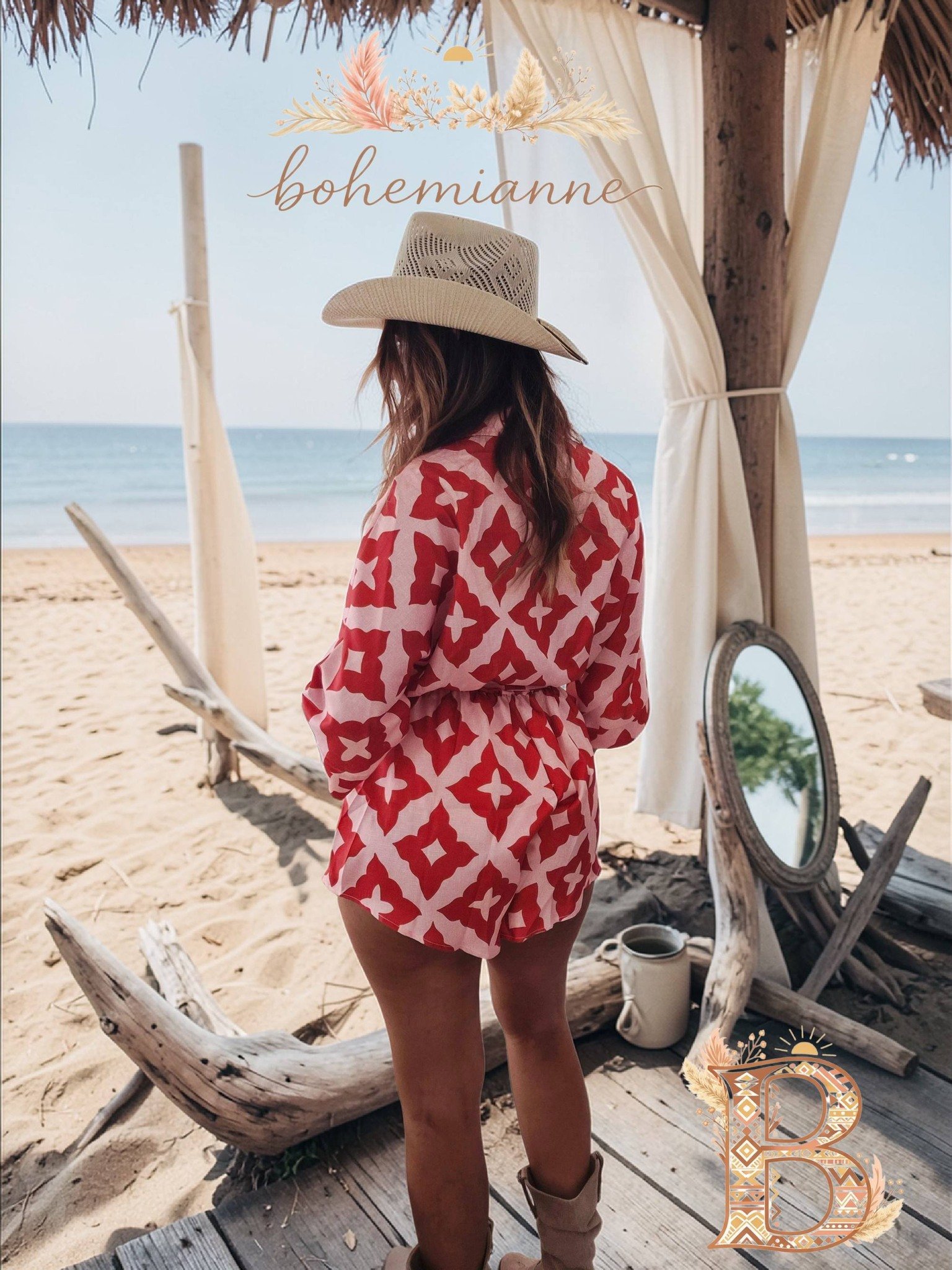 Combishort bohème rouge et rose femme ceinturée coupe fluide style été plage chic