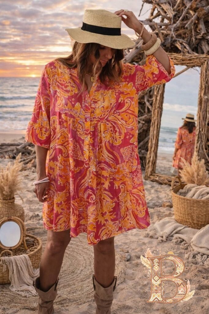 Robe bohème multicolore femme qualité italienne coupe fluide style été chic plage
