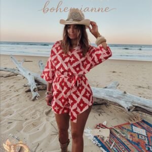 Combishort bohème rouge et rose femme ceinturée coupe fluide style été plage chic