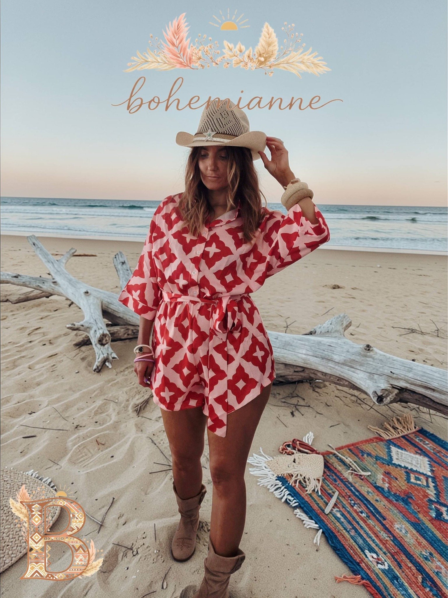 Combishort bohème rouge et rose femme ceinturée coupe fluide style été plage chic