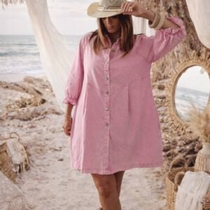 Robe bohème rose en coton fluide femme manches 3/4 style chic été bohemianne