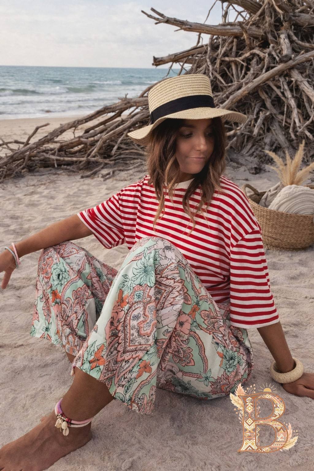 Top bohème femme rayé rouge dos ouvert avec nœud style été plage chic