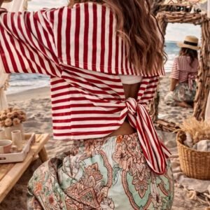 Top bohème femme rayé rouge dos ouvert avec nœud style été plage chic