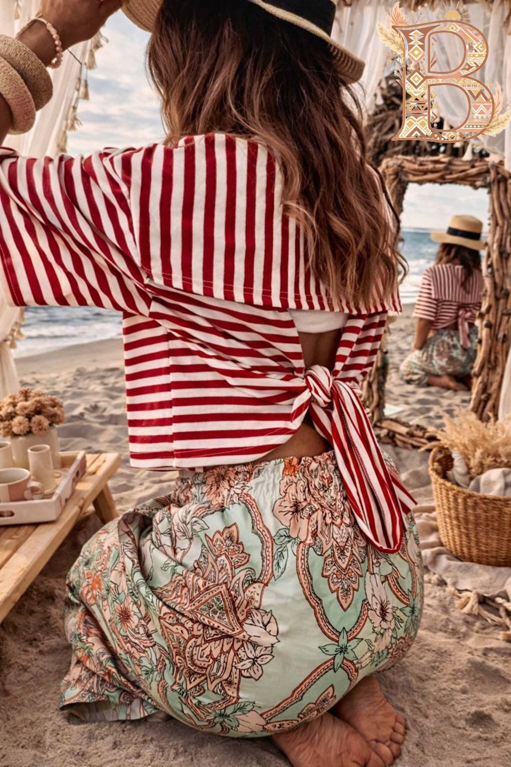 Top bohème femme rayé rouge dos ouvert avec nœud style été plage chic