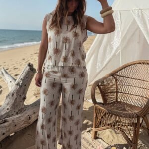 Ensemble "Palm Paradise" Bohème Chic à Imprimé Palmiers – Top & Pantalon Fluide