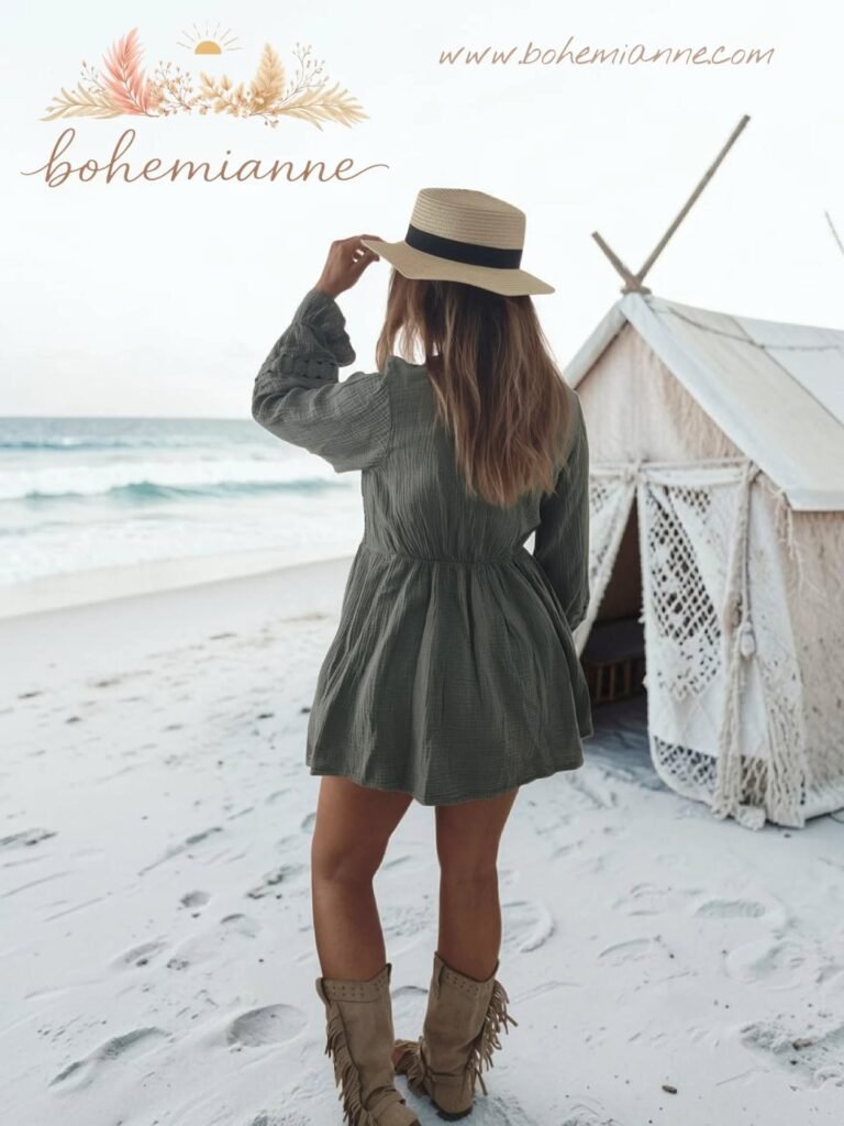 Robe chemise kaki bohème en gaze de coton avec manches ballon et dentelle portée sur la plage style californien