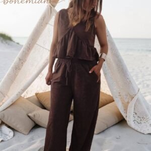 Ensemble détente femme chocolat Sunset Tulum avec pantalon fluide et top sans manches style bohème chic