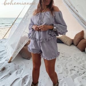 Ensemble bohème rayé bleu et blanc Santa Cruz avec short et top modulable style californien plage