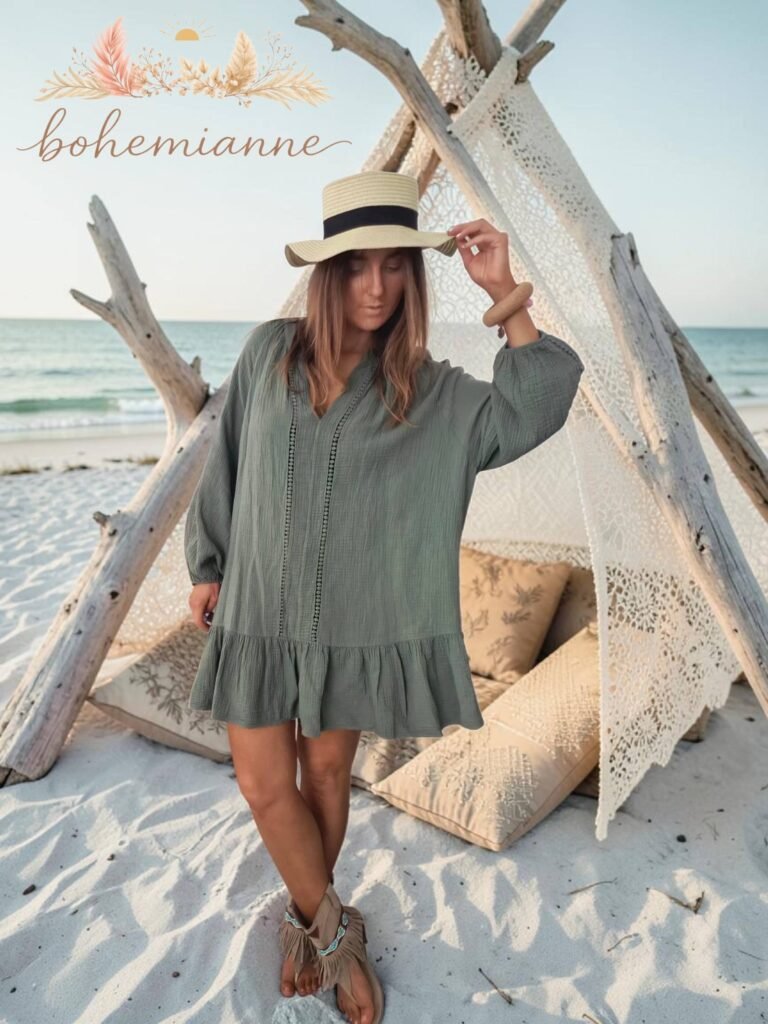 Robe bohème kaki en gaze de coton italienne coupe fluide avec manches longues portée sur la plage style californien