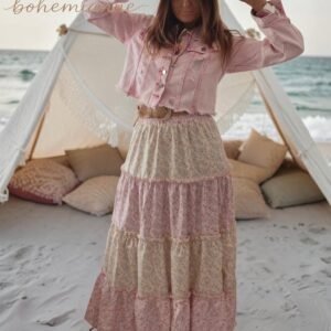 Jupe longue patchwork Desert Bloom style bohème chic avec taille élastique look californien